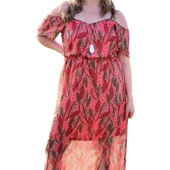 Charming Charlie Cold Shoulder Coral and Brown Retro Leaves Maxi Dress - Picture 4 of 15